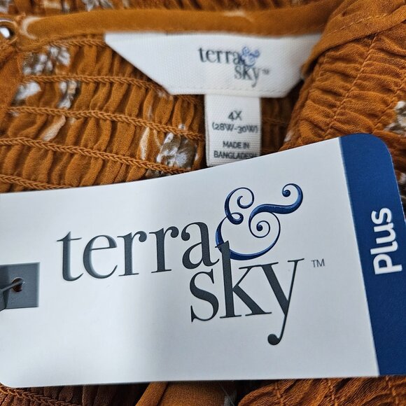 New Terra & Sky Plus Size 4X Long Sleeve Smocked Top Floral Print Mustard Yellow - Picture 12 of 12